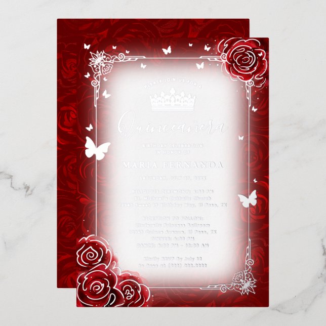 Elegant Floral Watercolor Red Rose Quinceanera (Front/Back)