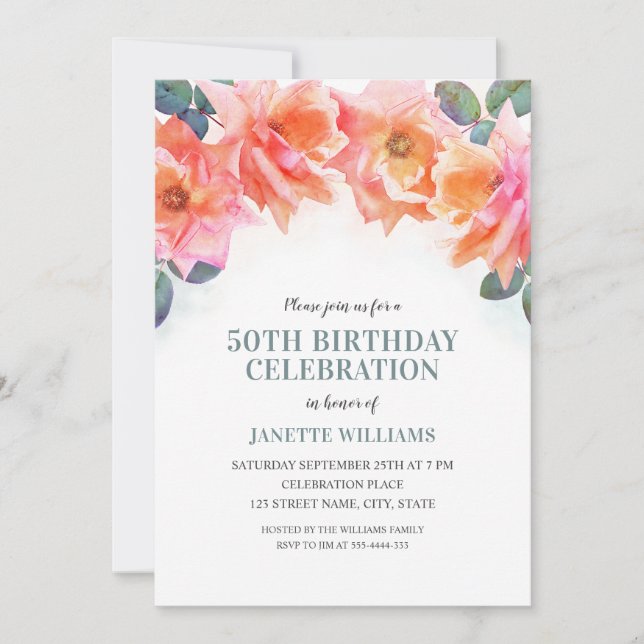 Elegant Floral Watercolor Rose 50th Birthday Party Invitation (Front)
