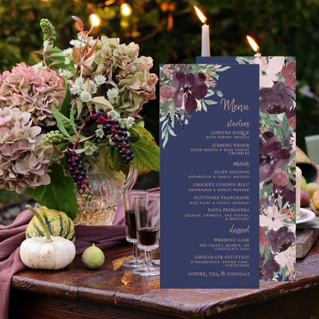 Elegant Floral Watercolor Rose Gold Navy Wedding Menu (Creator Uploaded)