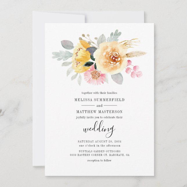 Elegant Floral Watercolor Script Botanical Wedding Invitation (Front)