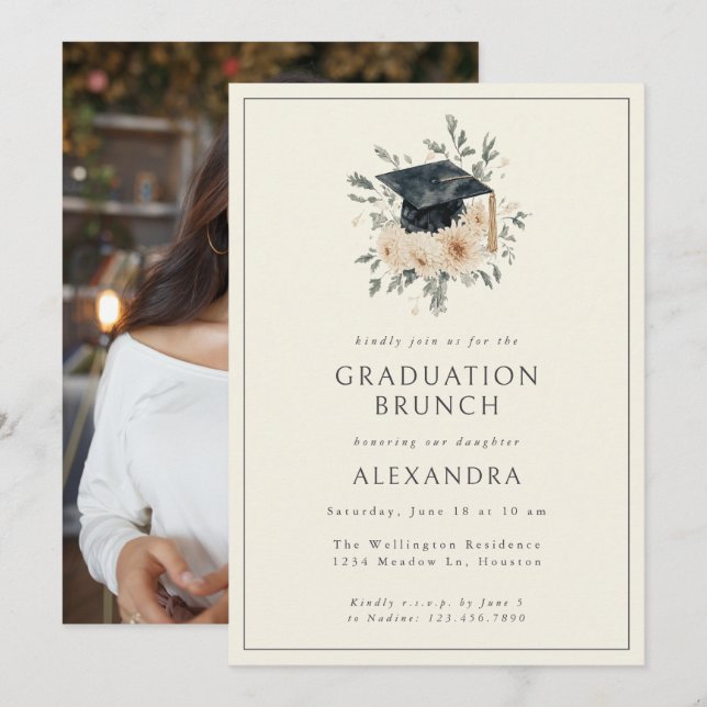 Elegant Floral Watercolor Style Graduation Brunch Invitation (Front/Back)
