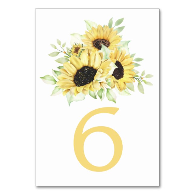 Elegant Floral Watercolor Sunflower Wedding  Table Number (Front)