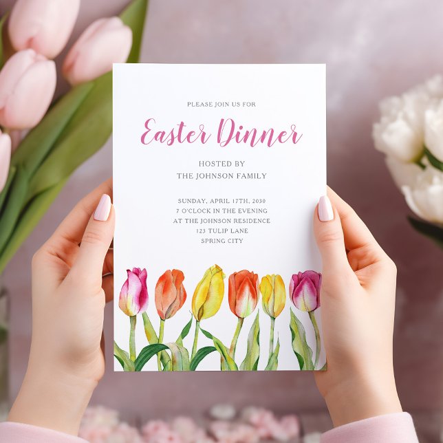 Elegant Floral Watercolor Tulip Easter Dinner  Invitation (Elegant Floral Watercolor Tulip Easter Dinner Invitation)
