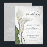 Elegant Floral Watercolor White Calla Lily Wedding Invitation<br><div class="desc">Unique, elegant white calla lily wedding invitations that can be personalised by you! This custom diy floral art template illustrated by Raphaela Wilson spotlights 2 white calla lilies over a rustic light grey watercolor background. Romantic hanging party lights add sparkle, and on the backside, there is plenty of space to...</div>
