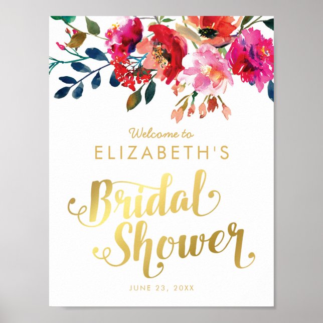 Elegant Floral Watercolor White Gold Bridal Shower Poster (Front)