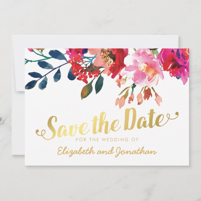 Elegant Floral Watercolor White Gold Save the Date (Front)