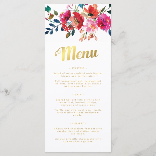 Elegant Floral Watercolor White Gold Wedding Menu (Front)