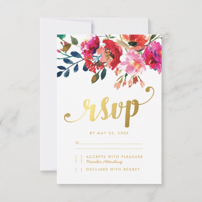 Elegant Floral Watercolor White Gold Wedding RSVP Card (Front)