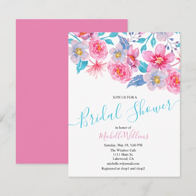 Elegant floral watercolour bridal shower invitation (Front/Back)