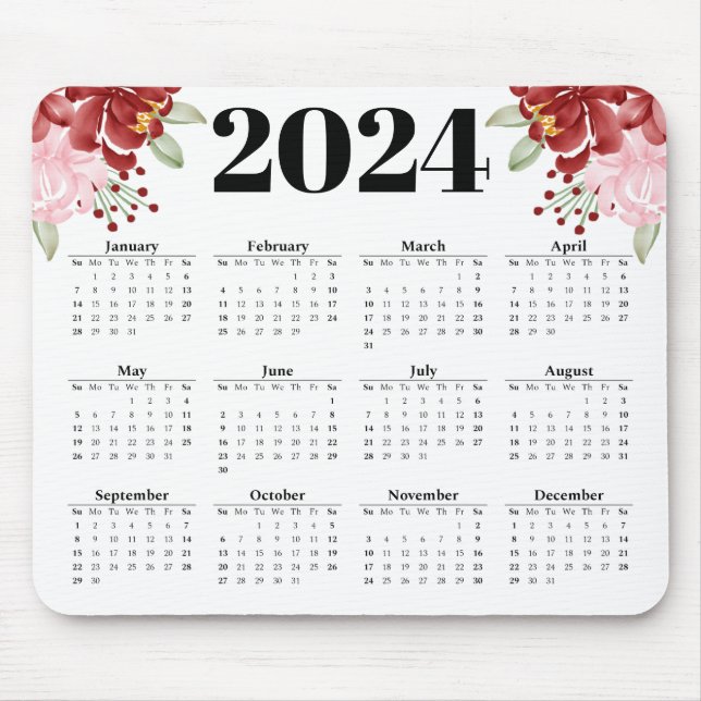 Elegant Floral watercolour white 2024 Calendar  Mouse Mat (Front)