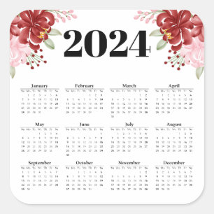 Elegant Floral watercolour white 2024 Calendar  Square Sticker