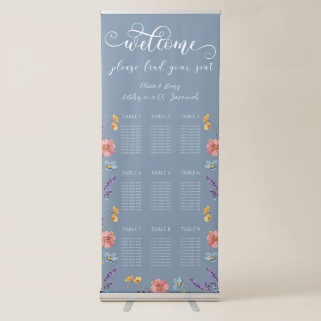 Elegant Floral  Wedding 9 Tables Seating Chart Retractable Banner (Front)