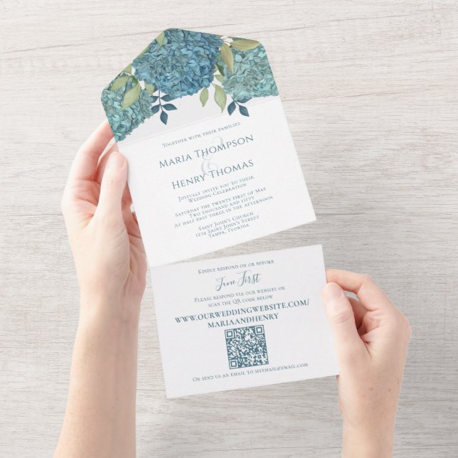 Elegant Floral Wedding Blue Hydrangeas QR Code All In One Invitation (Tearaway)