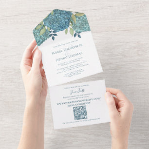 Elegant Floral Wedding Blue Hydrangeas QR Code All In One Invitation