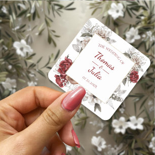 Elegant Floral Wedding Burgundy  & Silver Square Sticker