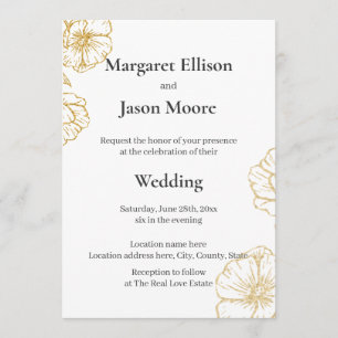 Elegant Floral Wedding, Charcoal and Gold Flowers Invitation