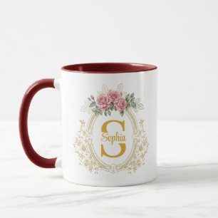Elegant Floral Wedding Crest, Vintage Gold Frame Mug