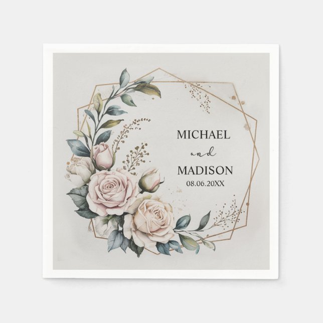 Elegant Floral Wedding Custom Names & Date Gold  Napkin (Front)