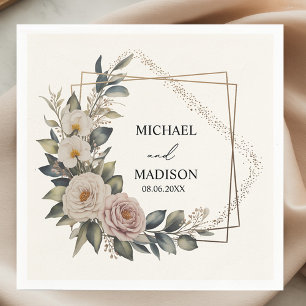 Elegant Floral Wedding Custom Names & Date Gold Napkin
