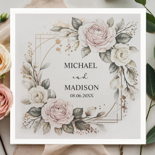 Elegant Floral Wedding Custom Names & Date Gold  Napkin