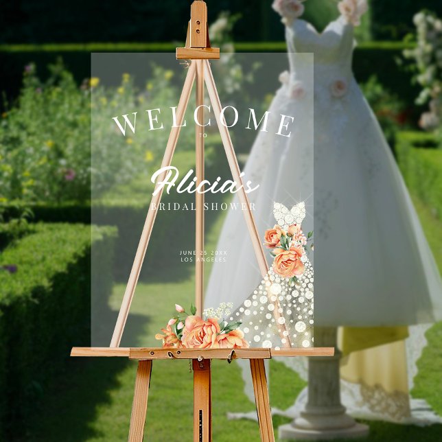 Elegant floral wedding dress welcome bridal shower acrylic sign (Creator Uploaded)
