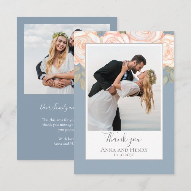 Elegant Floral Wedding Dusty Blue Photo Thank You  Card (Front/Back)