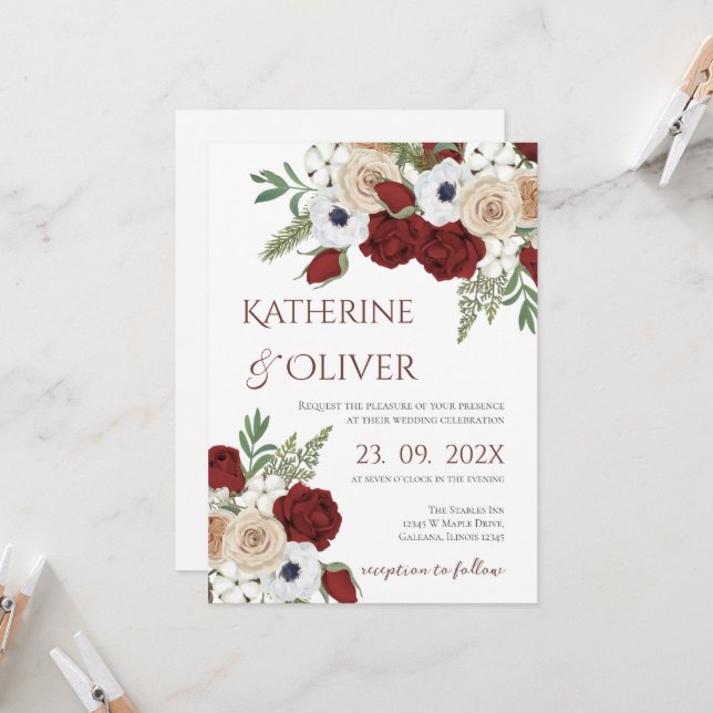 Elegant Floral Wedding Invitation (Front/Back In Situ)