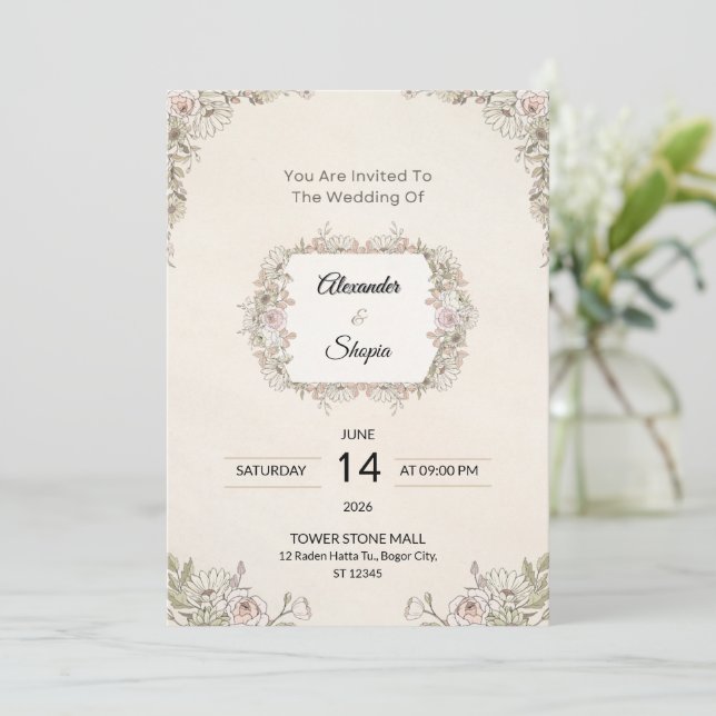 Elegant Floral Wedding Invitation (Standing Front)