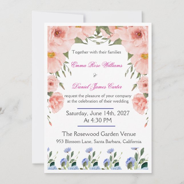 Elegant Floral Wedding Invitation | Blush Pink  (Front)