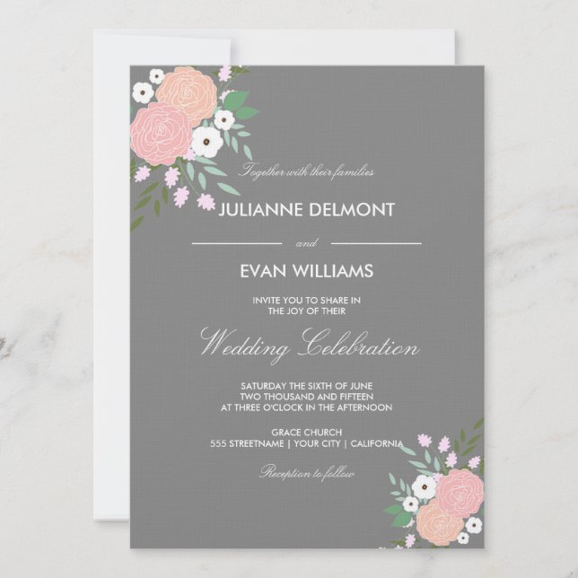 Elegant floral wedding invitation - grey (Front)