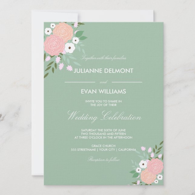 Elegant Floral Wedding Invitation - mint (Front)