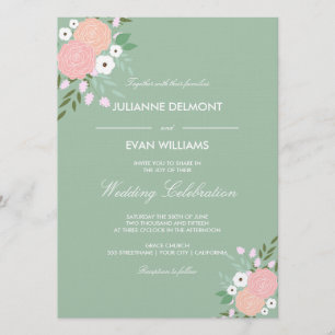 Elegant Floral Wedding Invitation - mint