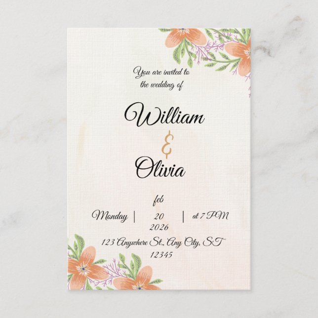 Elegant Floral Wedding Invitation | Peach & Green  (Front)