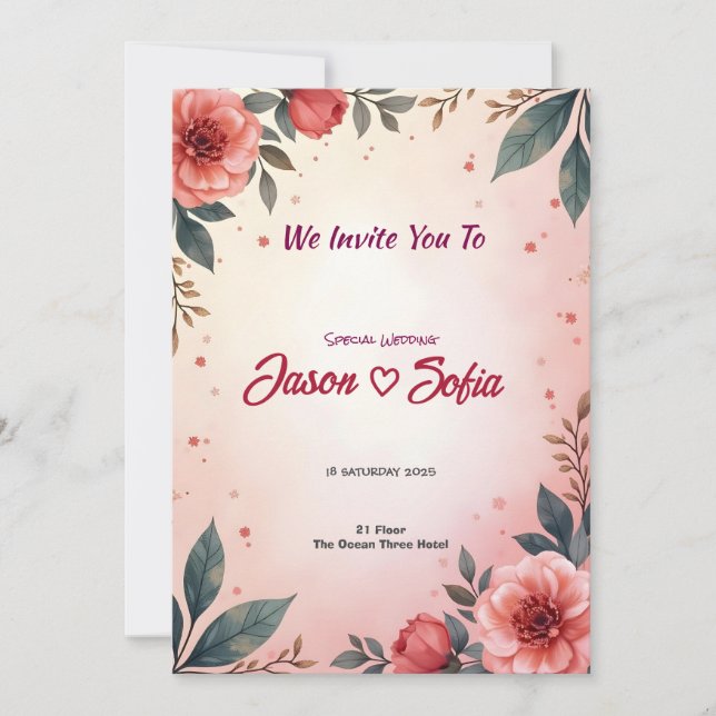 Elegant Floral Wedding Invitation Pink Peonies (Front)