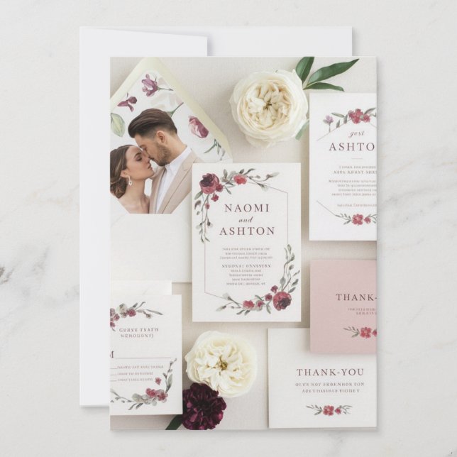 Elegant Floral Wedding Invitation Set - Burgundy & (Front)