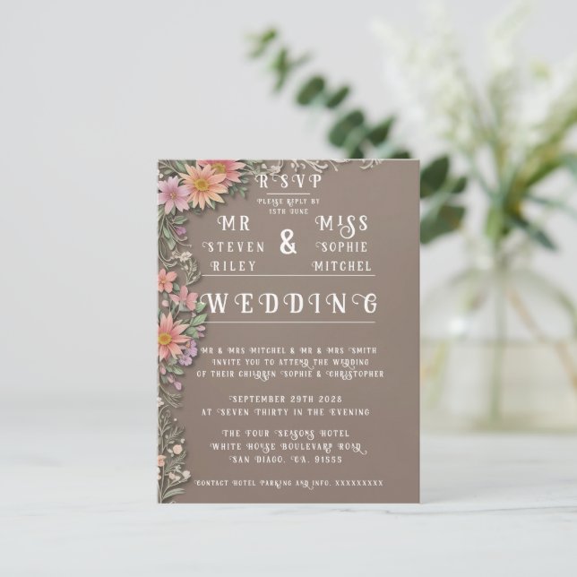 Elegant Floral Wedding Invitation Sets Postcard (Standing Front)