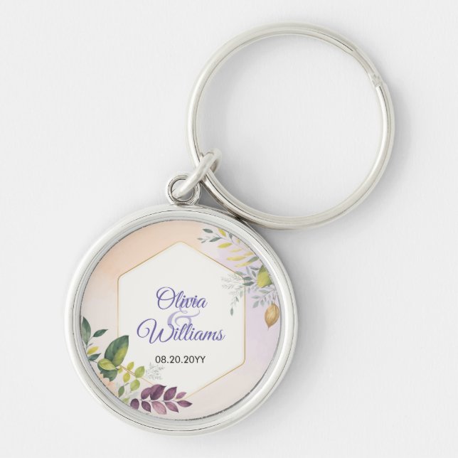 Elegant Floral Wedding Invitation Template Key Ring (Front)