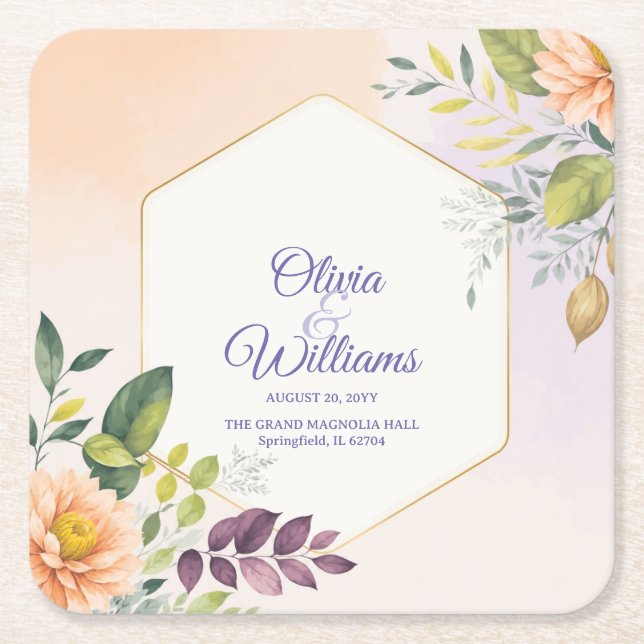 Elegant Floral Wedding Invitation Template Square Paper Coaster (Front)