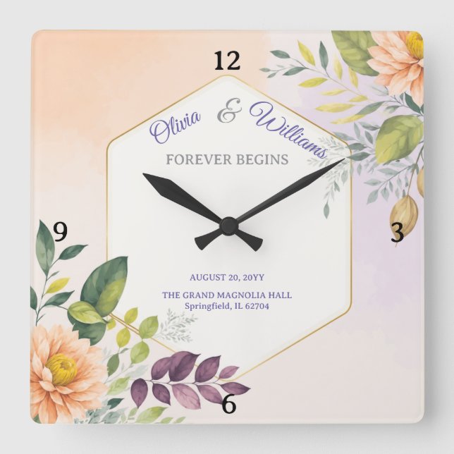 Elegant Floral Wedding Invitation Template Square Wall Clock (Front)