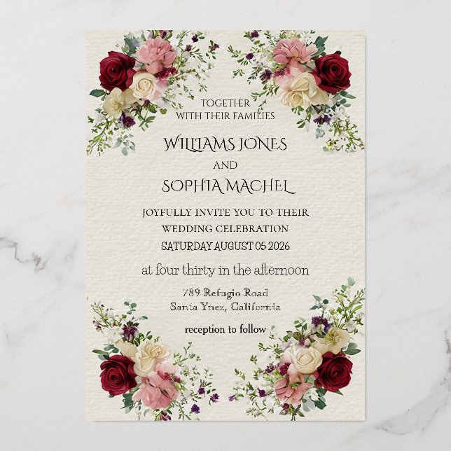 Elegant Floral Wedding Invitation & Timeline Card  (Front)