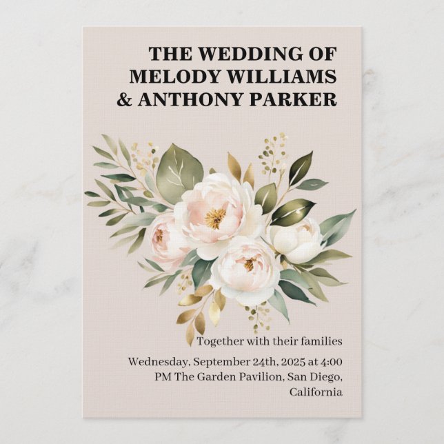 Elegant Floral Wedding Invitation | White Rose & E (Front)