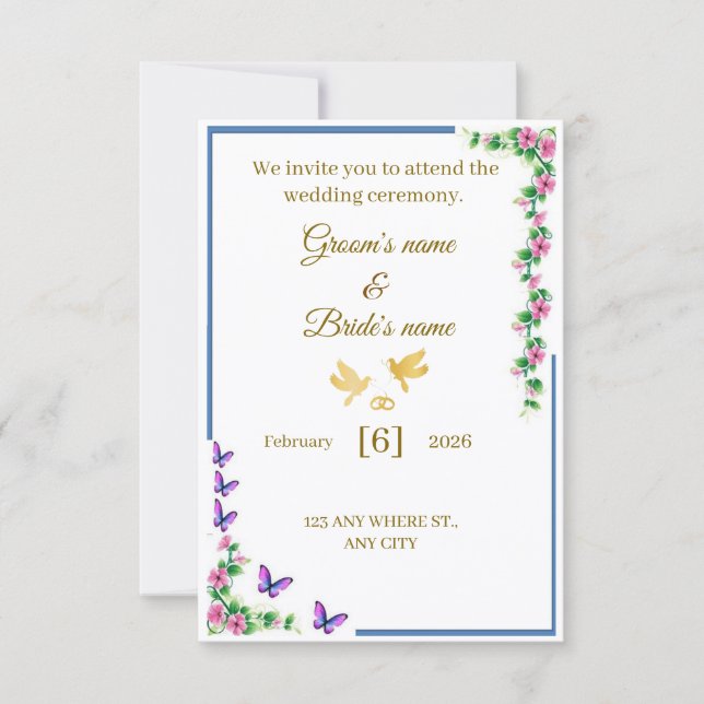 Elegant Floral Wedding Invitation with Butterflies (Front)