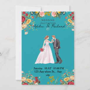 Elegant Floral Wedding Invitation with Couple Art
