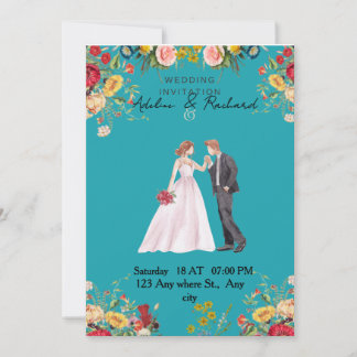 Elegant Floral Wedding Invitation with Couple Art