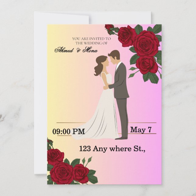 Elegant Floral Wedding Invitation with Couple Art (Front)