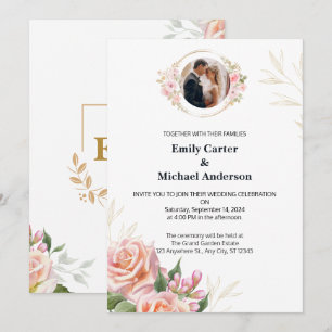 Elegant Floral Wedding Invitation with Gold Accent
