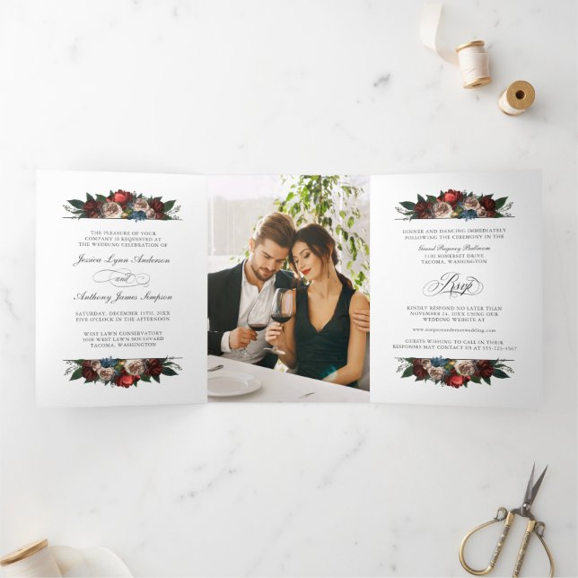 Elegant Floral Wedding Invite with Photo and RSVP (Inside)