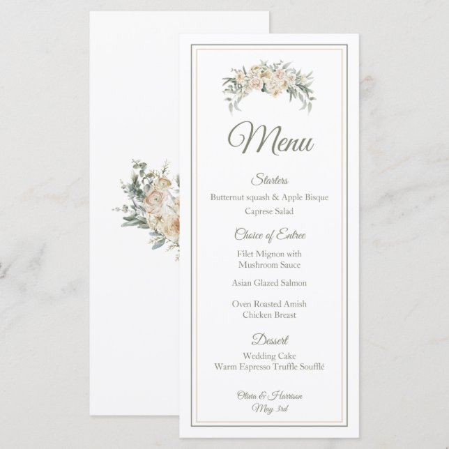 Elegant Floral Wedding Menu – Cream & Sage Green S (Front/Back)