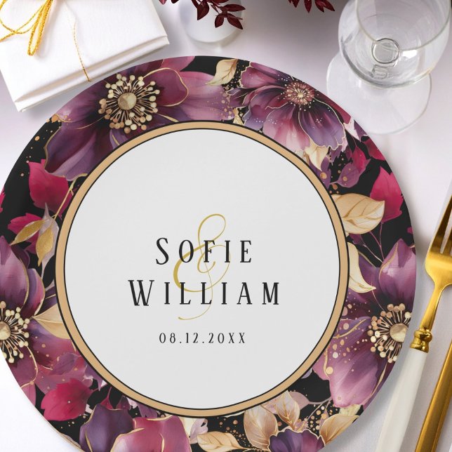 Elegant Floral Wedding Names Date  Paper Plate (Creator Uploaded)