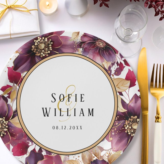 Elegant Floral Wedding Names Date  Paper Plate (Creator Uploaded)